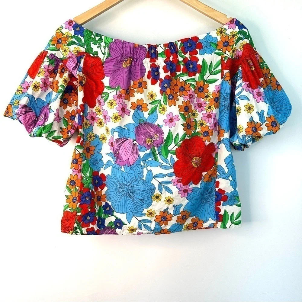 H&M top, off-shoulder, short balloon  sleeves, loose fitting, 💯 cotton, floral - Picture 9 of 14